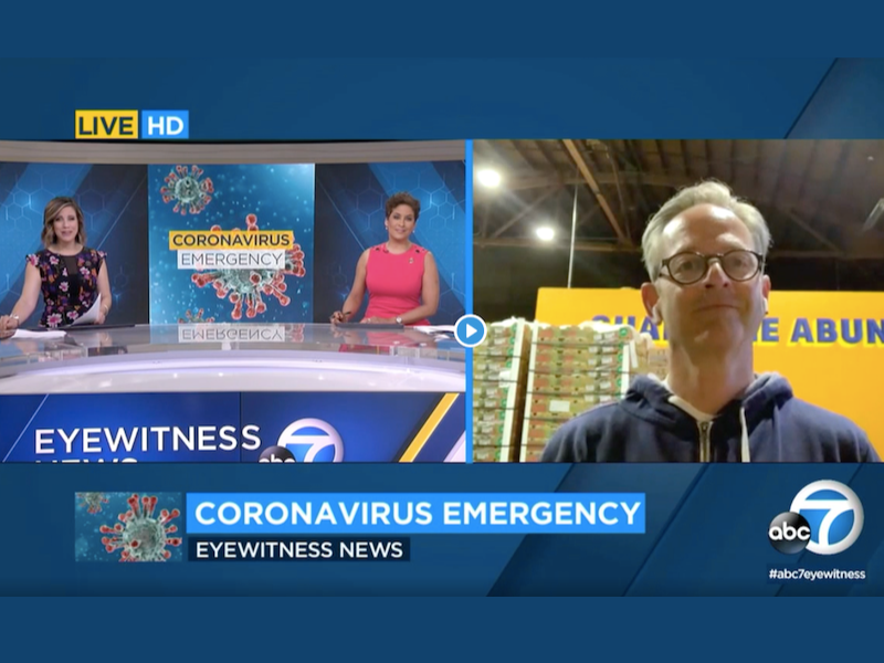 Screenshot of newscasters and Food Forward's CEO on video call.