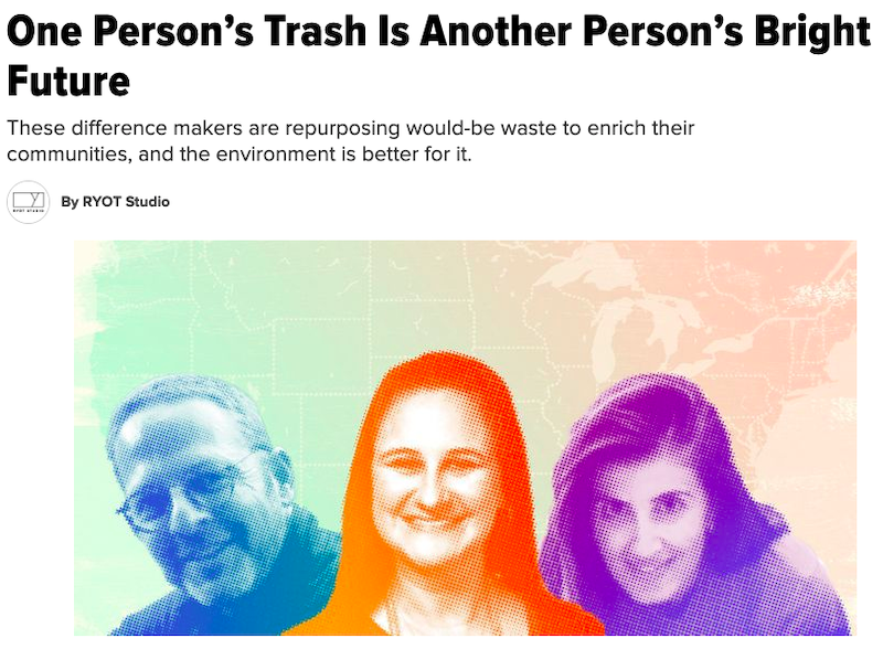 Screenshot of news site headline with graphic of three people