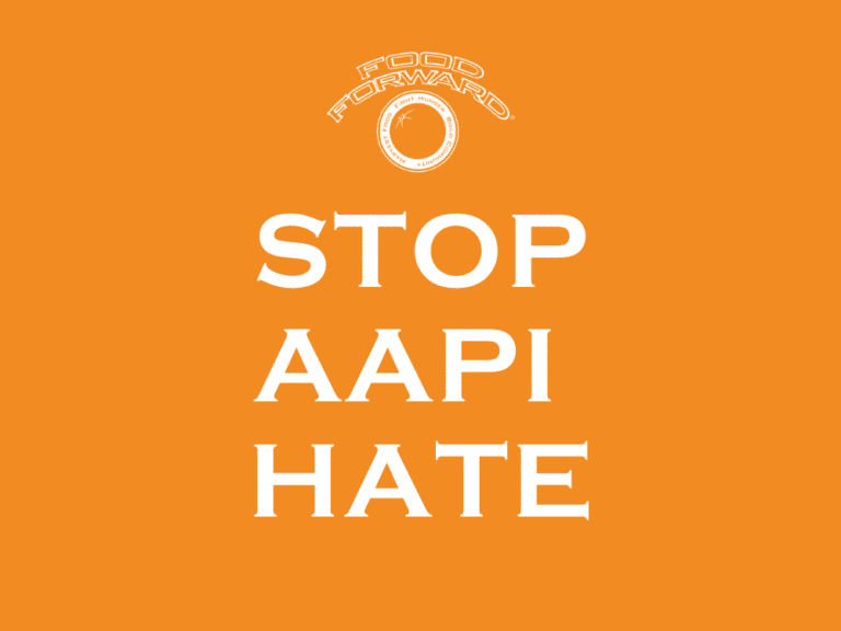Orange background with Food Forward logo and serif text reading STOP AAPI HATE
