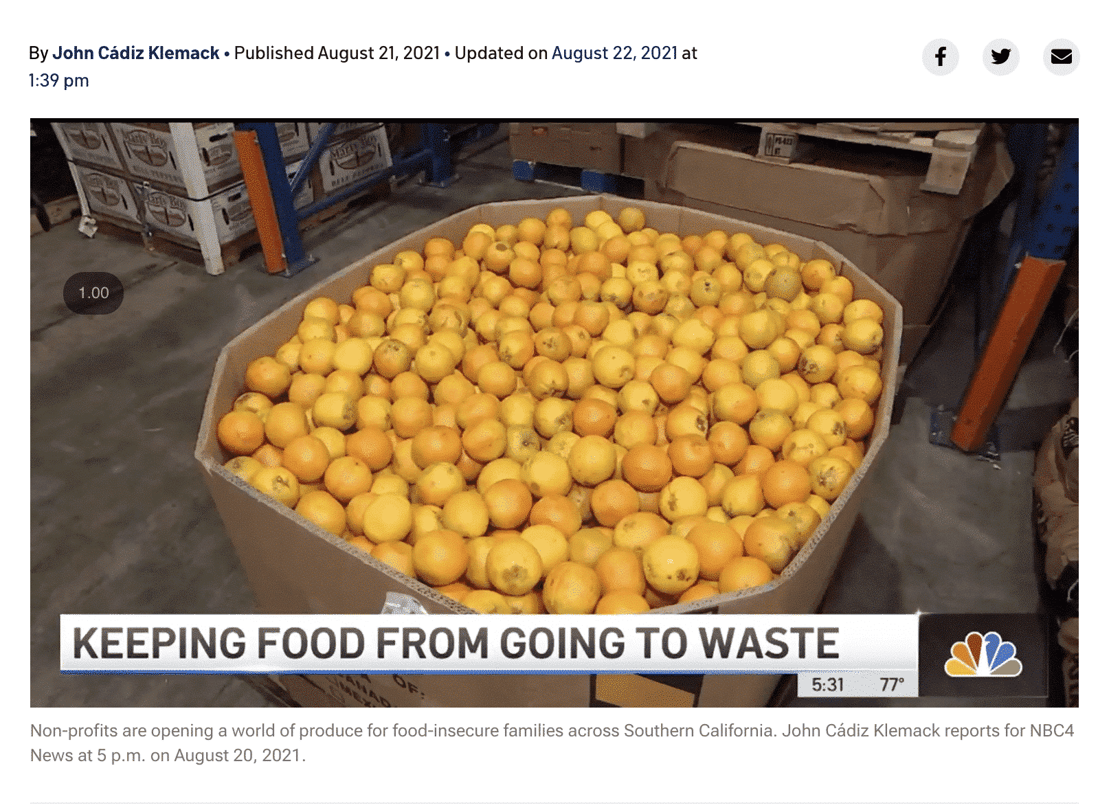Box of oranges and caption "keeping food from going to waste" with NBC logo