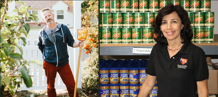 Rick Nahmias with fruit picker and Diana Lara with canned food