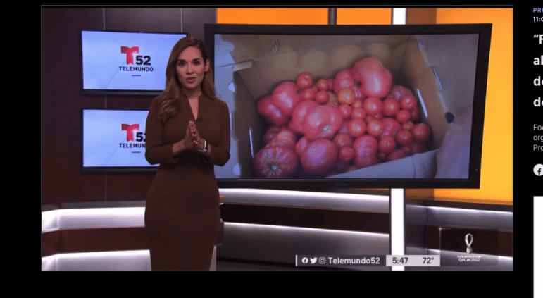 Newscaster presenting in front of screen showing photo of tomatoes
