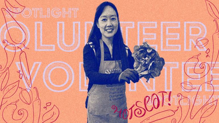 Photo of Grace holding a bunch of greens, while wearing her Gleaning apron, in front of an orange background with texting reading spotlight volunteer hotseat