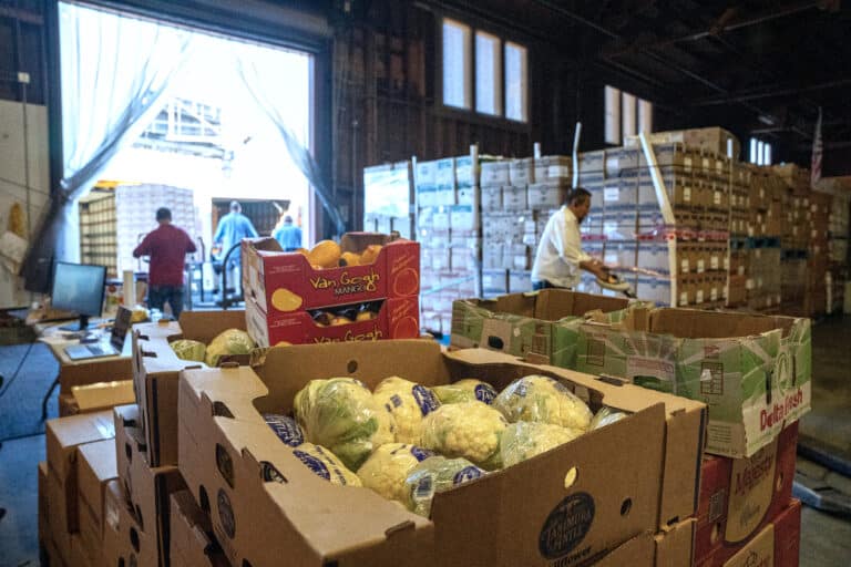 Staff loading boxes of produce in a warehouse
